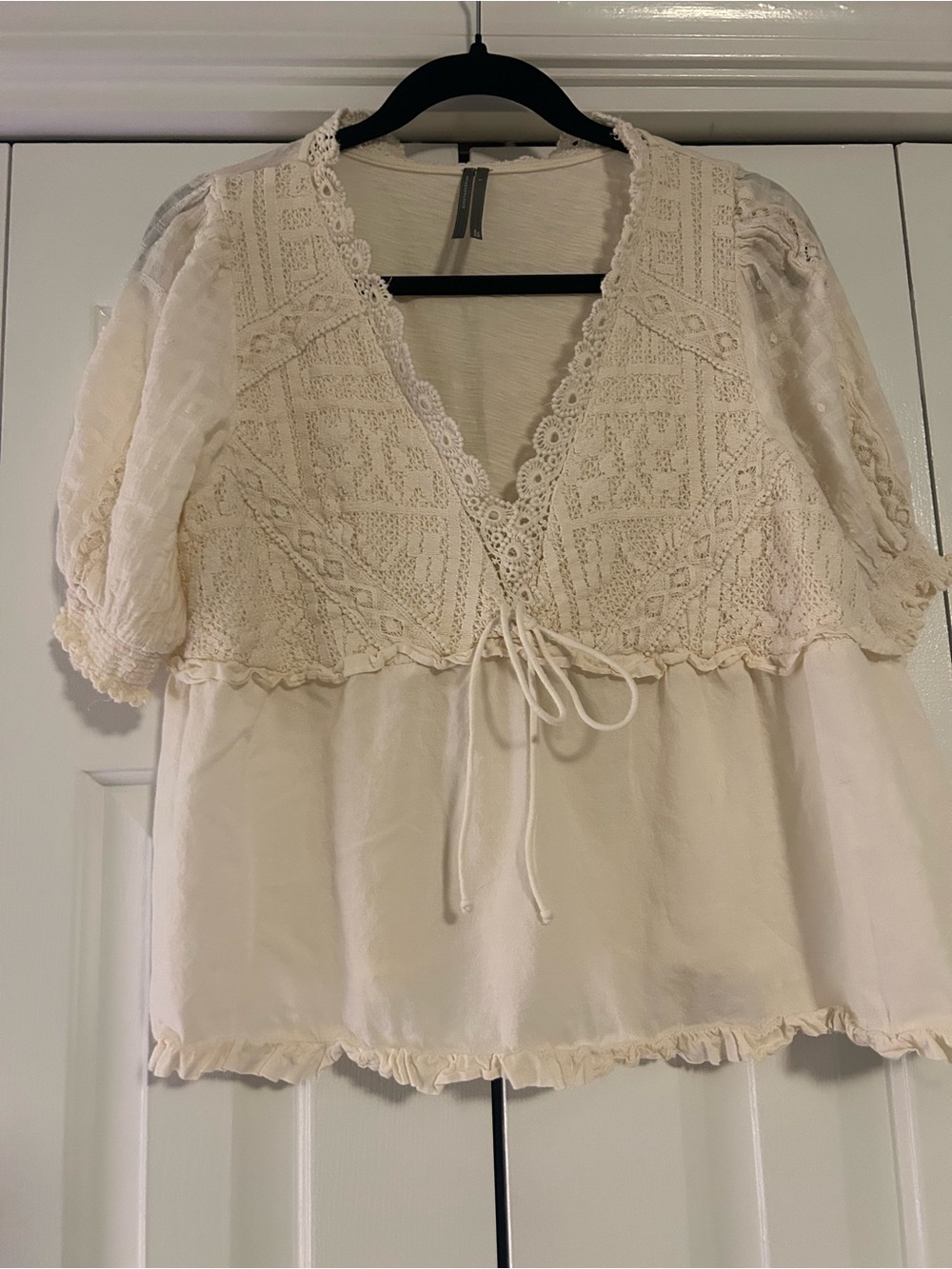 Anthropologie Cream Lace-Front Peasant Blouse with Tie